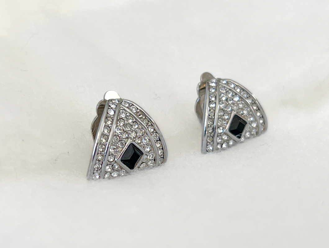 Quality clip on earrings white rhinestone pave & navy stone RENTAL