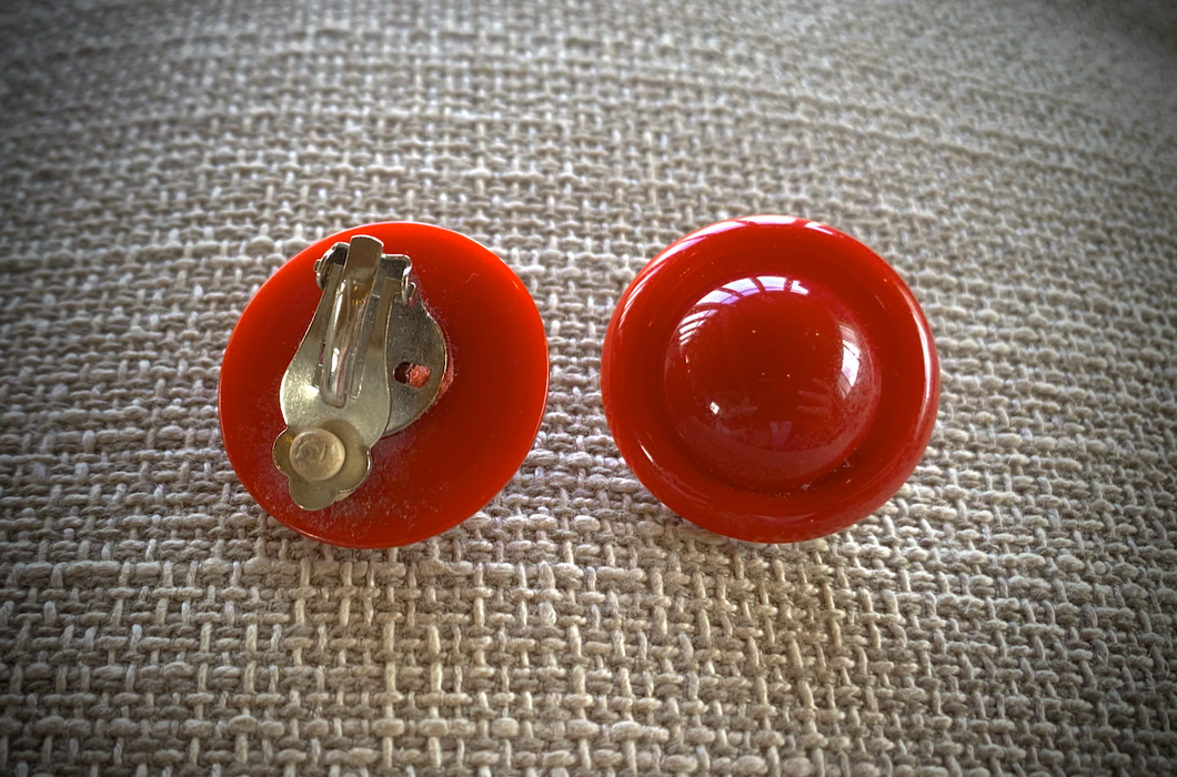 Clip-On Classic Red Plastic 3D Button Earrings RENTAL