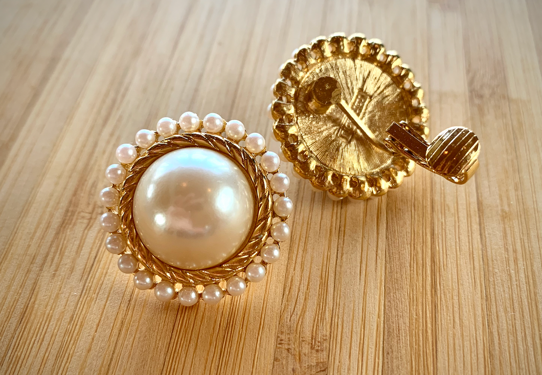 Large half pearl center gold clip on earrings RENTAL