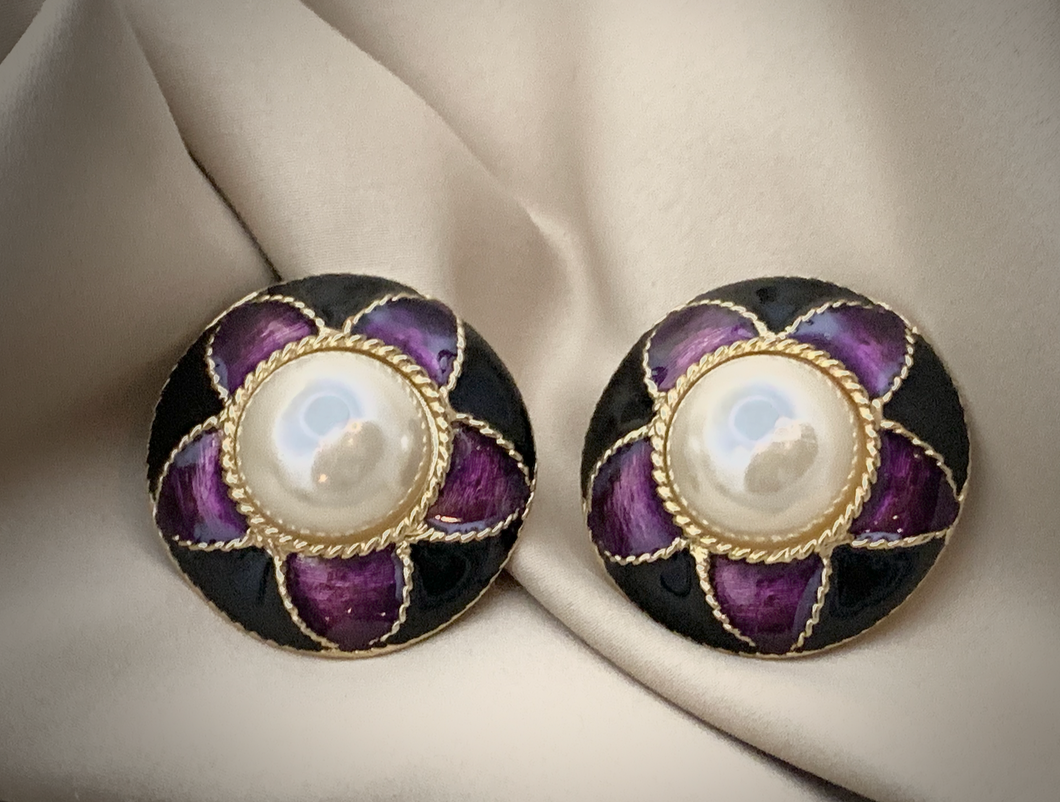 Clip-On Gold Vintage Pearl & Purple Earrings RENTAL