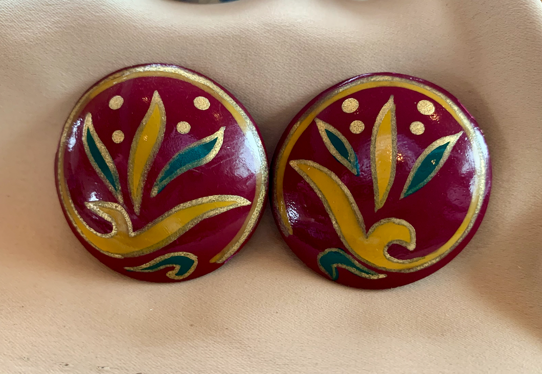 Clip-On Burgundy Round Wood Painted Earrings RENTAL