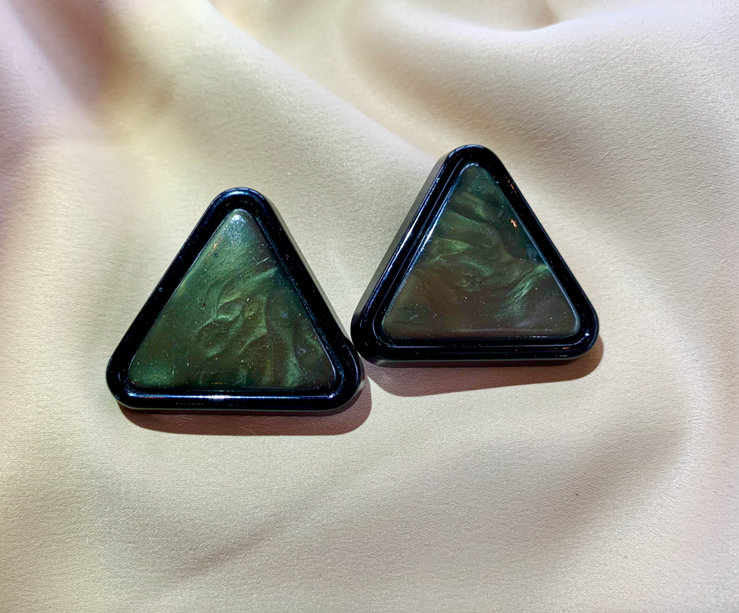 Clip on Triangle Black and Deep Green Triangle Plastic Earrings RENTAL