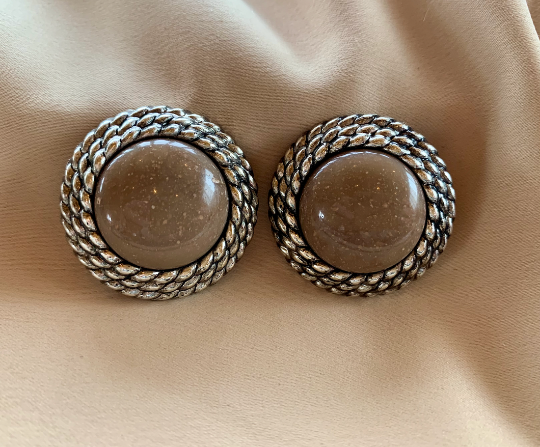 Clip-On Taupe Round Earrings w/Silver Chain Surround RENTAL