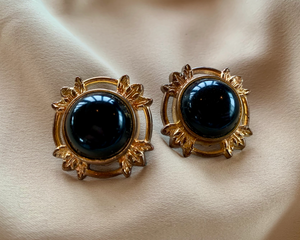 Clip-On Vintage Black and Gold Round Earrings RENTAL