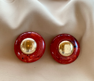 Clip-On Stone Effect Red 3D Button Earrings w/Gold RENTAL