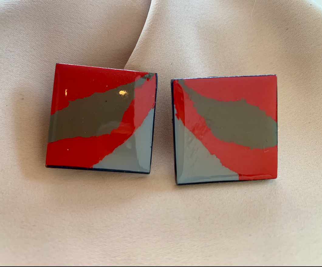 Clip-On Light Weight Red & Taupe Square Earrings RENTAL