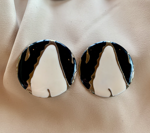 Clip-On Lightweight Graphic Black Silver Cream Round Earrings RENTAL