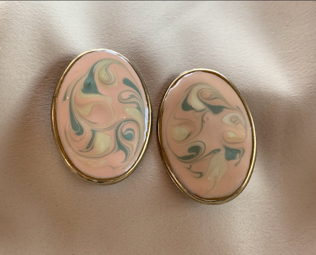 Clip-On Nude Pink w/Pastel Grey & Cream Swirls on Oval Earrings RENTAL