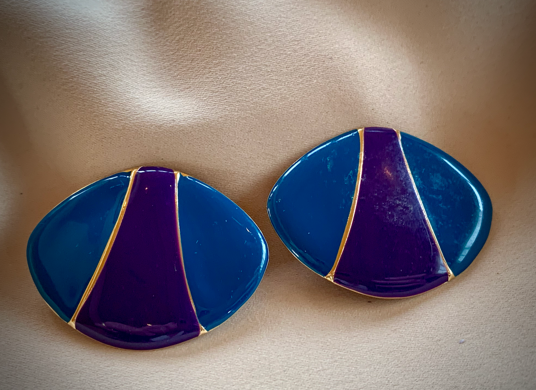 Clip-On Vintage Gold Purple Teal 1980-90's Graphic Earrings RENTAL