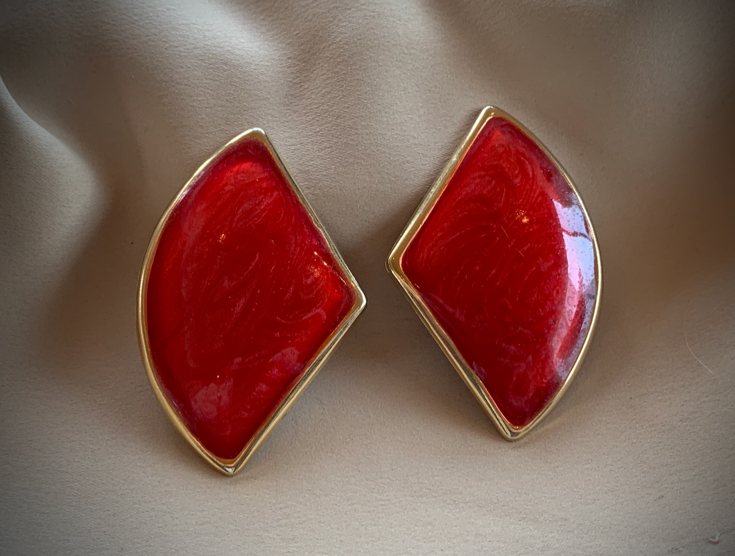 Clip-on Fan Shaped 80's Red and Gold Lightweight Big Earrings RENTAL