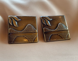 Clip-On Bronze Square Beach Mountain Scene Earring RENTAL