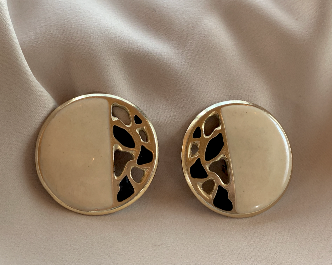 Clip-On Gold Black & Cream Round Open Work Earrings RENTAL