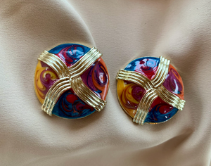 Clip-On Gold Large Round Earrings Blue, Orange, Red, Yellow RENTAL