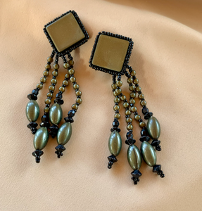 Clip-On Long Flowing Olive Green & Black Earrings RENTAL