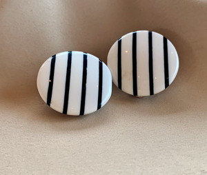 Clip-On 1980's Button Earrings White/Black Stripes RENTAL