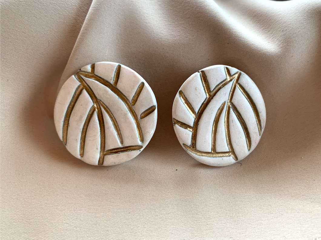 Clip-On Gold & Cream Round Composite Earrings Sailboat Inspired Graphic RENTAL