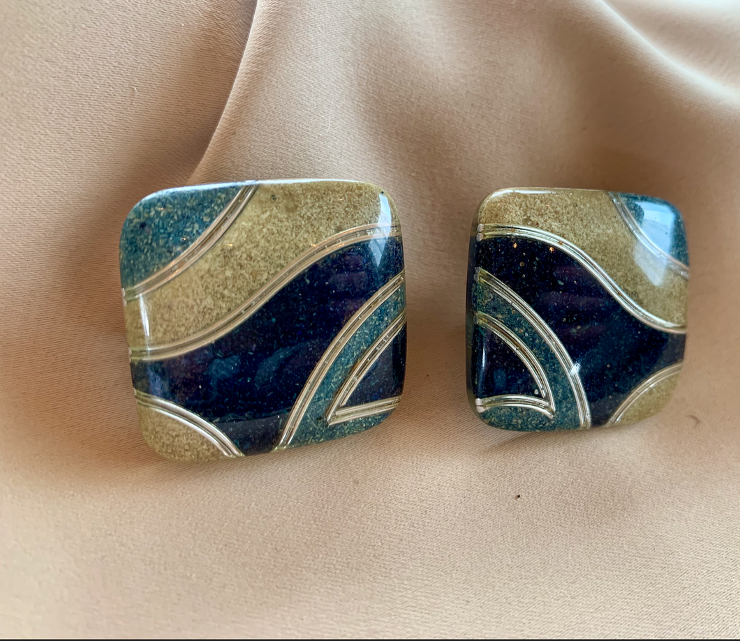 Clip-On Lucite Blue, Sage, Silver Earrings RENTAL