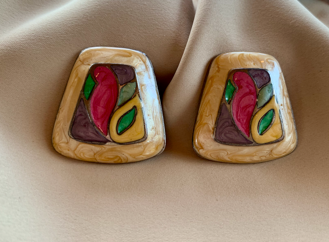 Clip-On Enamel Painted Silver Metal Earrings RENTAL