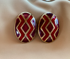 Clip-On Purple Red Silver Zig Zag Design Oval Earrings RENTAL