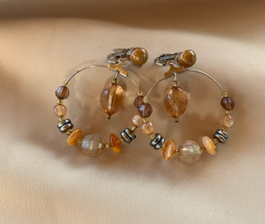 Boho silver wire hoop Clip on with silver caramel umber brown RENTAL