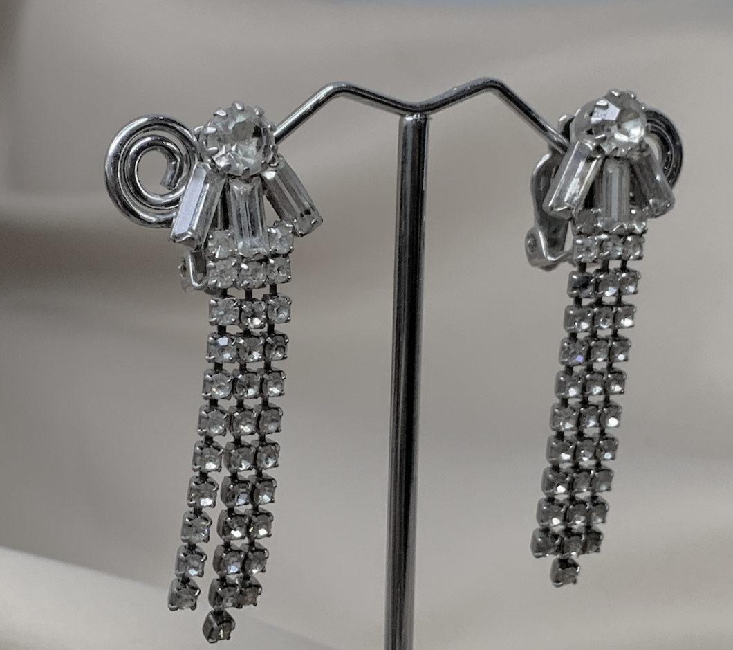 Clip-On Baguette and Dangle Rhinestone Vintage Earrings RENTAL