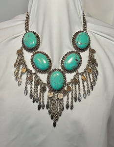 Chunky silver & large turquoise ovals bib necklace RENTAL