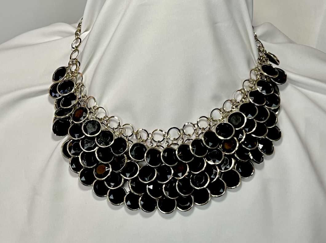 4 layers of black facetted circles chainmail bib necklace RENTAL