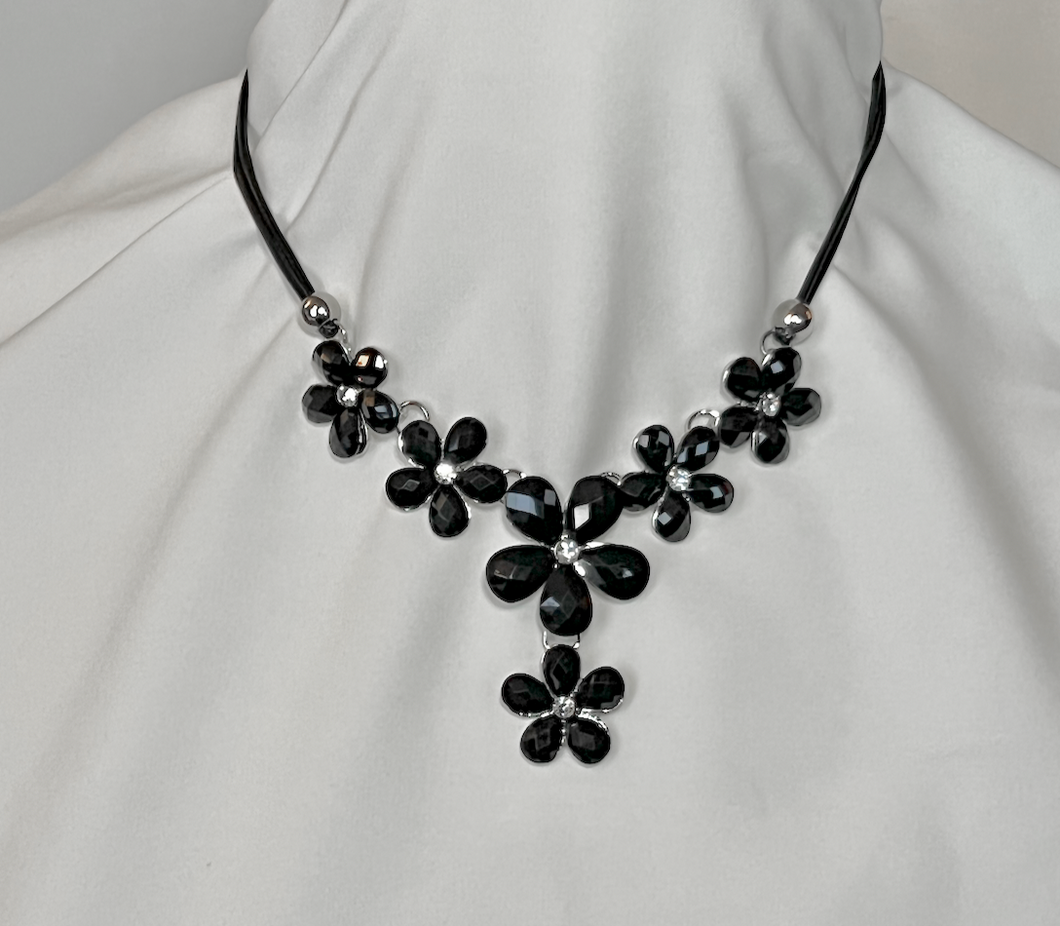 Black facetted glass white rhinestones on flower necklace RENTAL