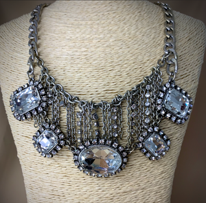 Pewter chain large chunky rhinestone choker necklace RENTAL