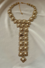 Load image into Gallery viewer, Striking filagree long drop gold squares &amp; pearls necklace RENTAL
