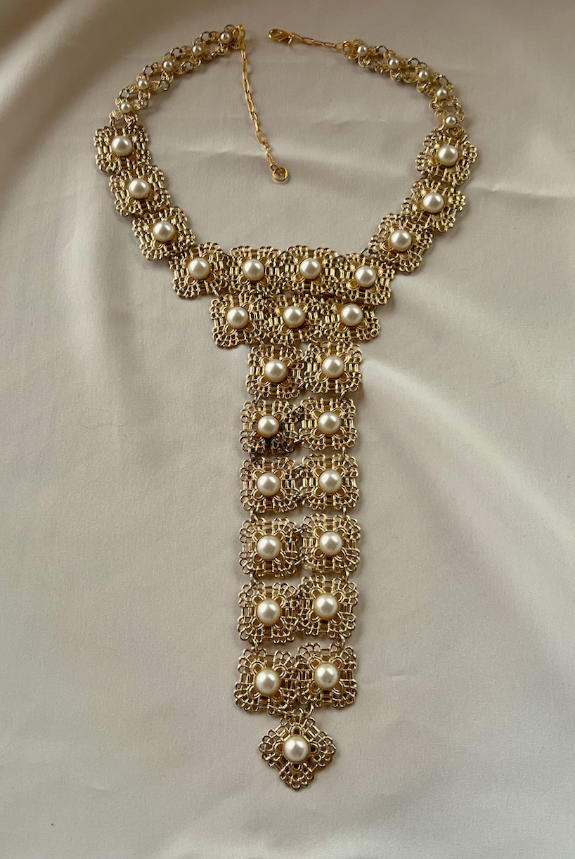 Striking filagree long drop gold squares & pearls necklace RENTAL