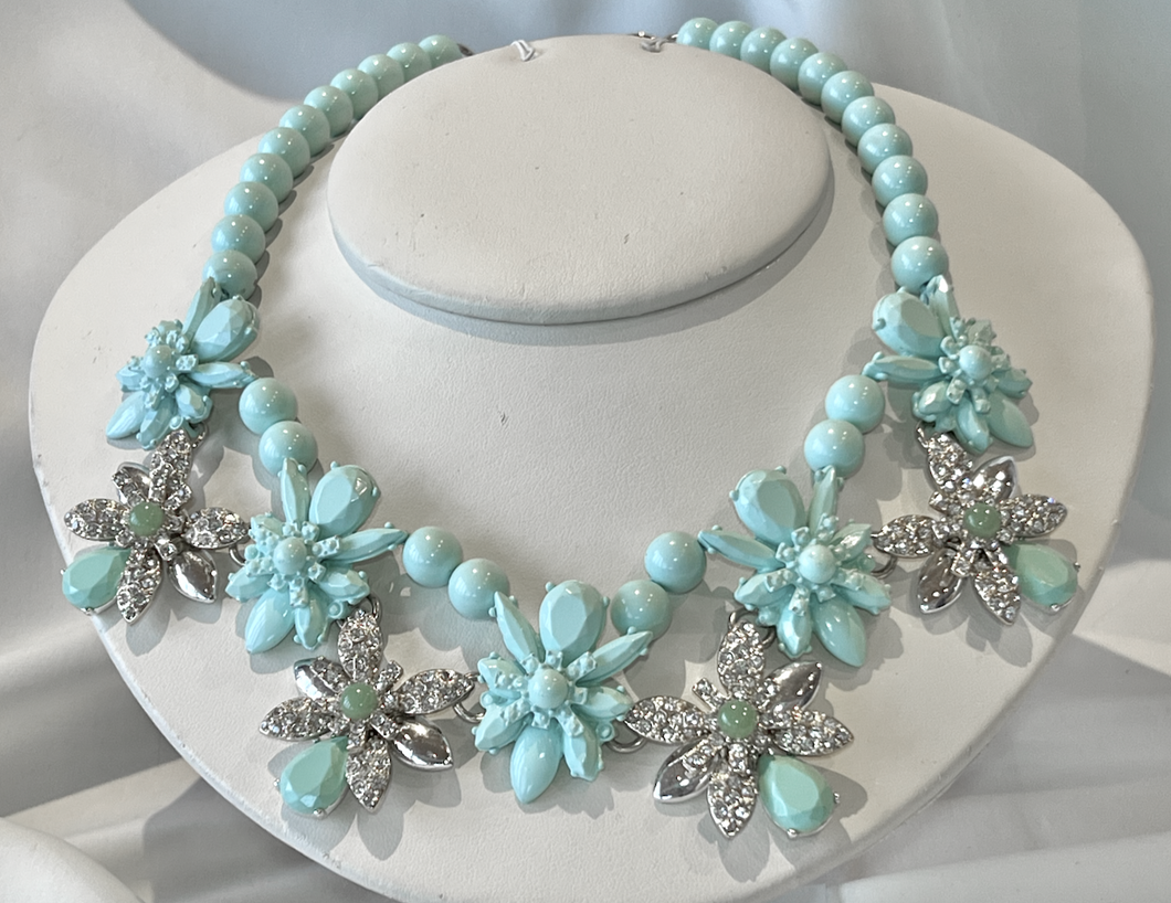 Vintage robins egg blue bib floral necklace RENTAL