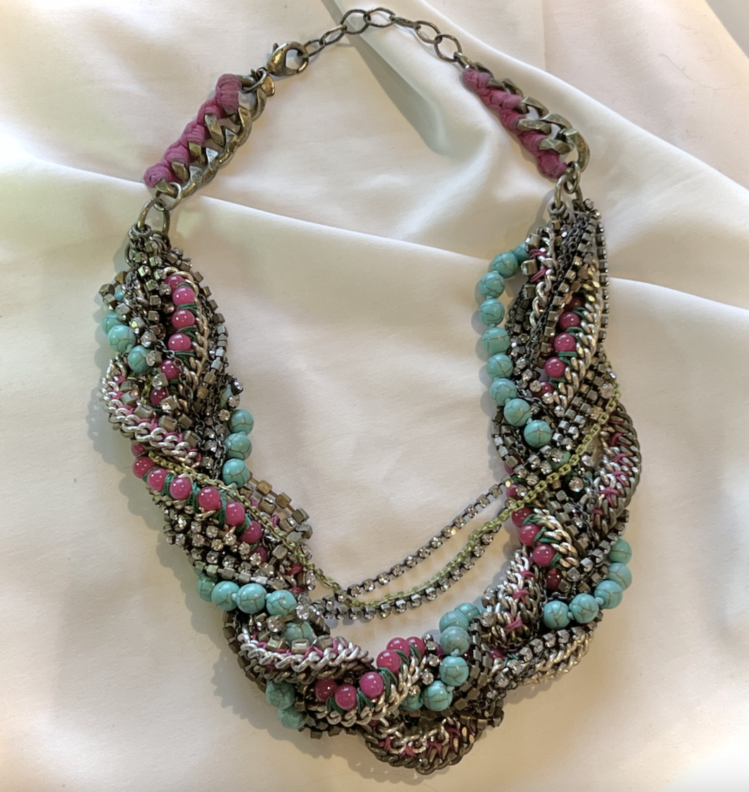 Retro heavy twisted braided rhinestone pink blue choker necklace RENTAL