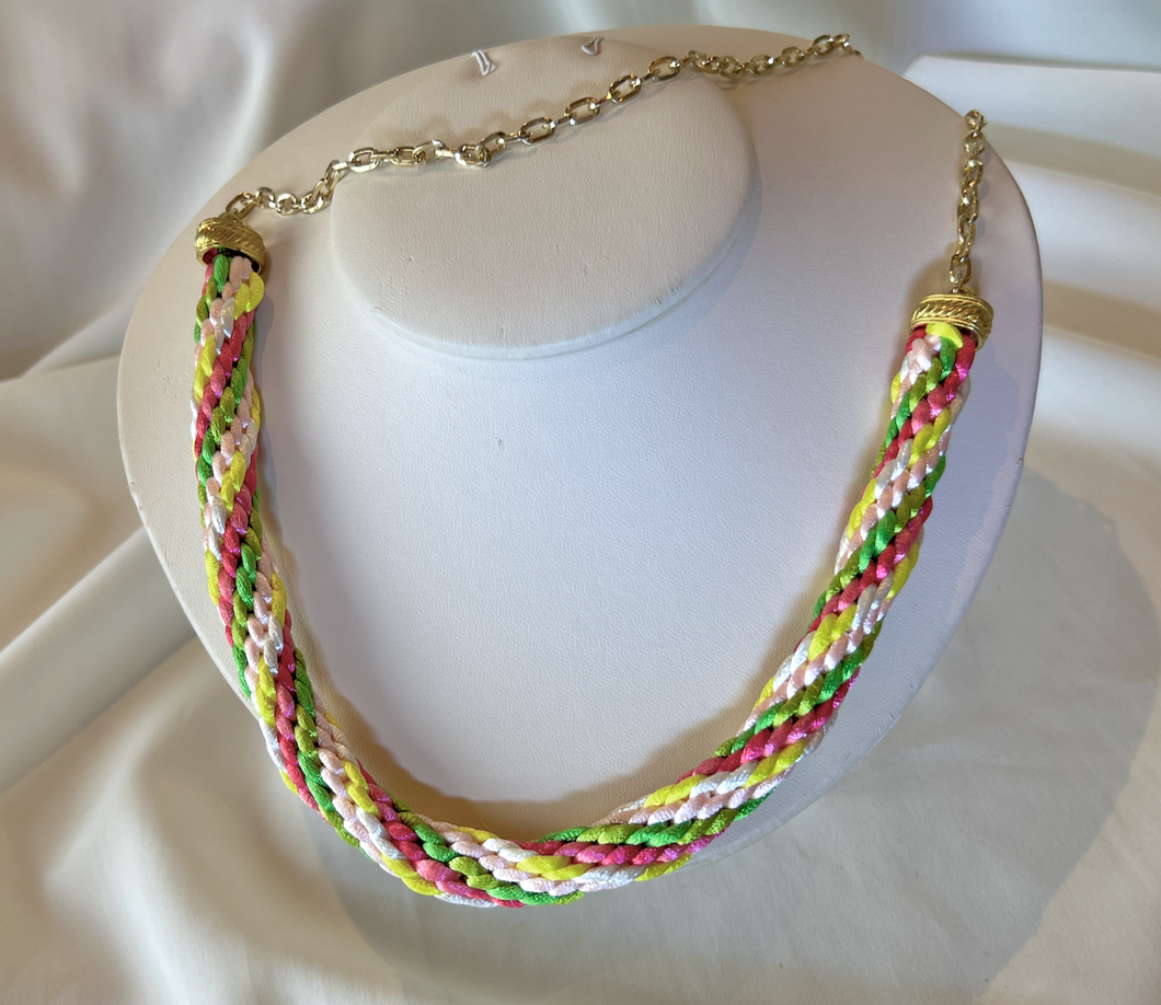 Light twisted knitted pink rose yellow cream silk necklace RENTAL