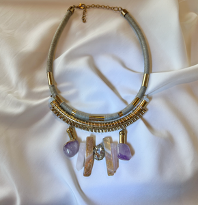 Beachy gold pink purple stone & fabric choker necklace RENTAL