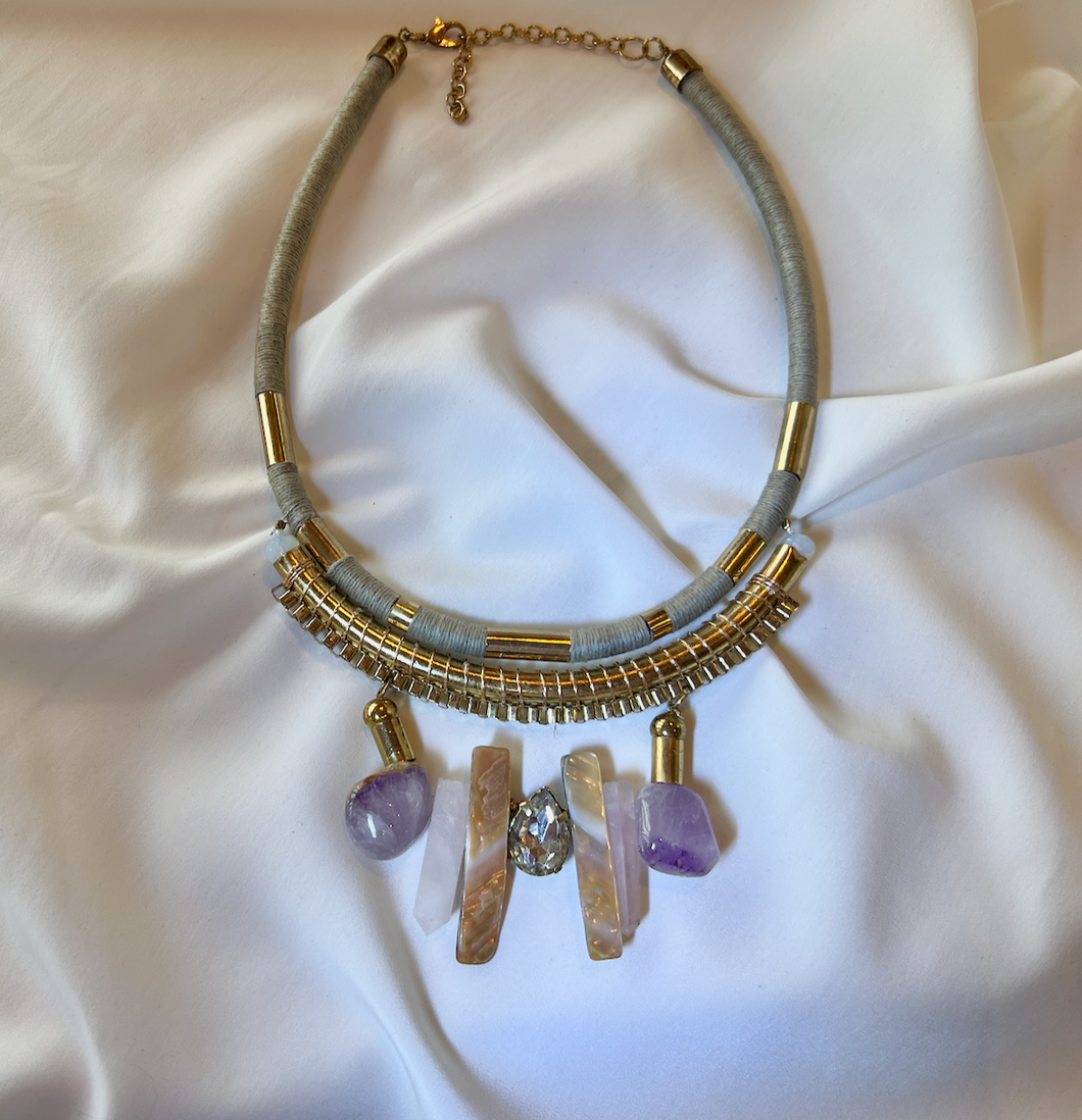 Beachy gold pink purple stone & fabric choker necklace RENTAL