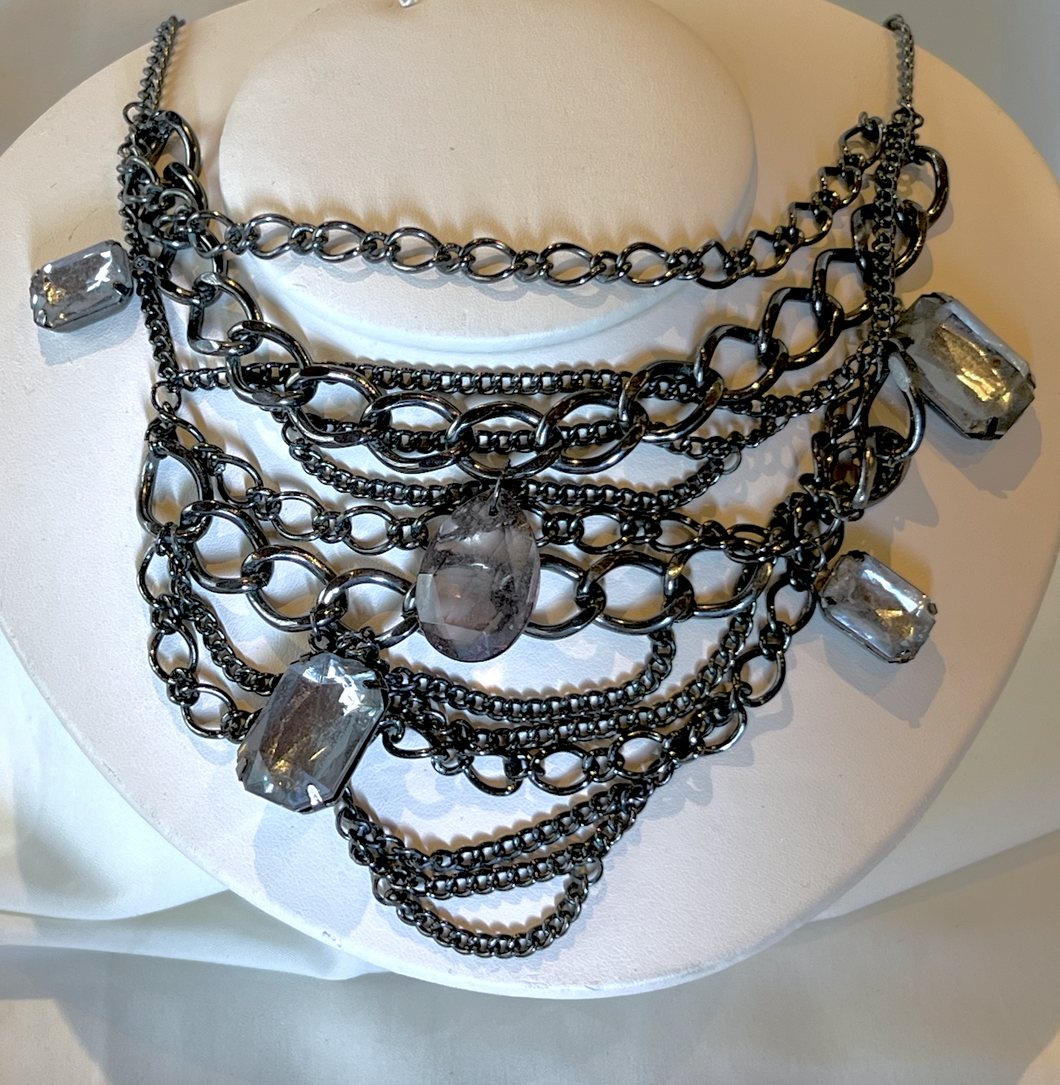 1990s blackened 13 layer necklace w/rhinestones RENTAL