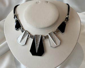 Art Deco inspired black white and rhinestone necklace RENTAL