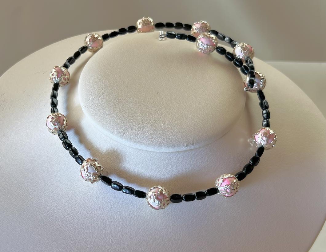 Black spring choker in black glass w/ pink gold RENTAL