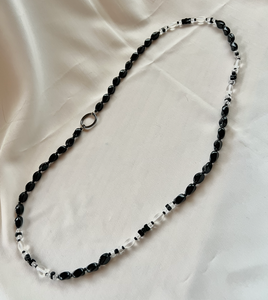 Black w/clear beaded necklace w/blackened silver circle RENTAL