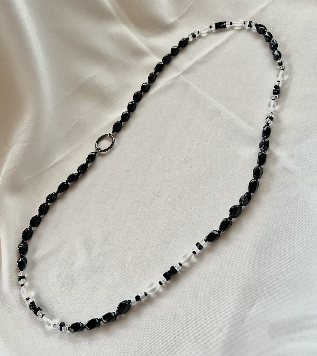 Black w/clear beaded necklace w/blackened silver circle RENTAL