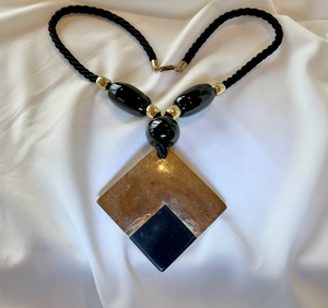 Twisted silk and big 5.5" brass and black drop necklace RENTAL