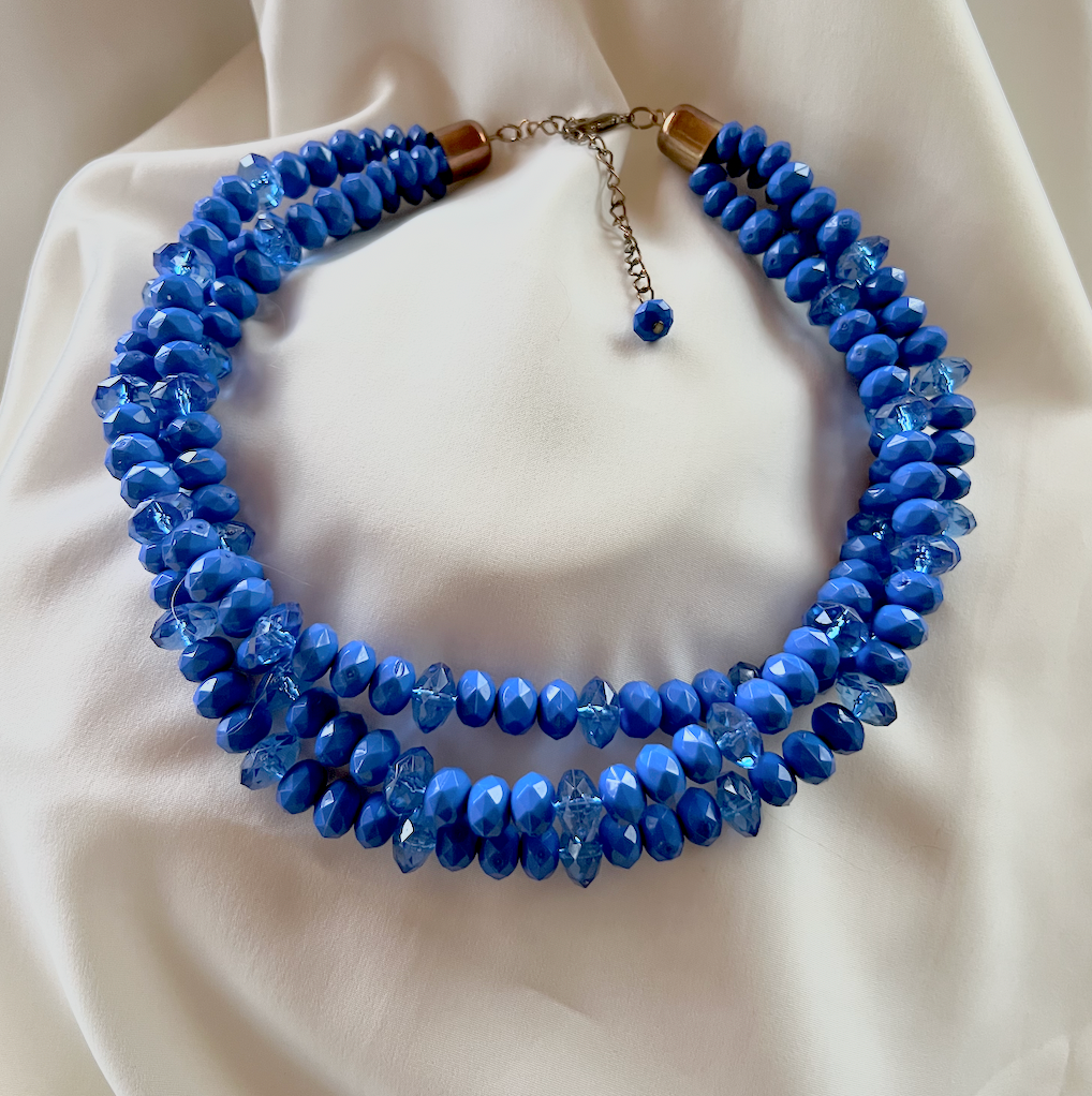 Retro 60's 3 string blue necklace with sparkling bead RENTAL