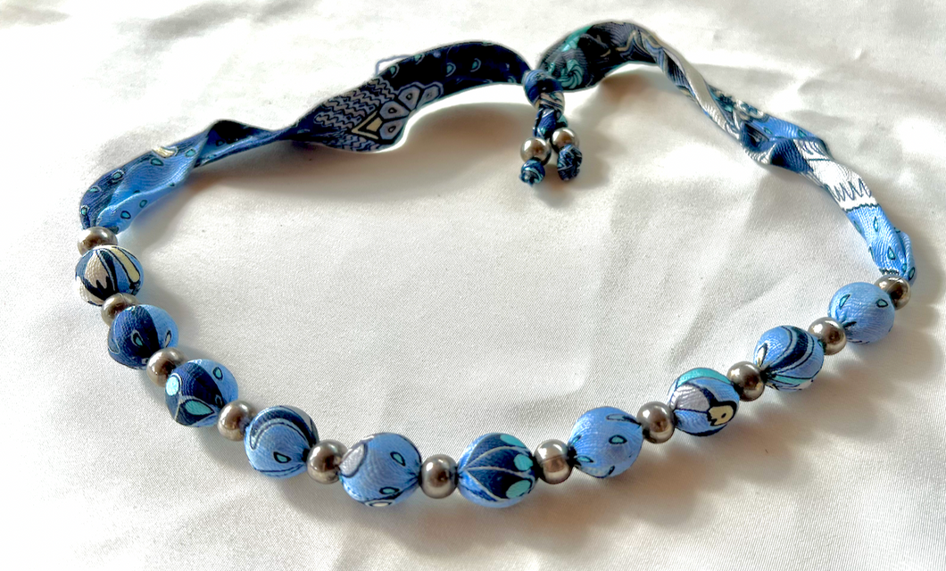 Blue silky fabric necklace w/ pewter beads choker to 20