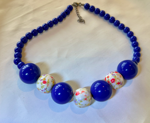 Sweet 1960's large ball bead blue floral necklace RENTAL