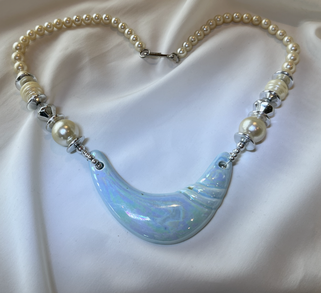 Blue ceramic U on pearl necklace RENTAL