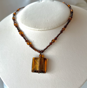 Coppery glass square on amber glass bead choker RENTAL