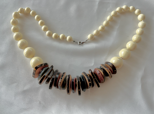 Chunky cream round beads w/layered wood necklace RENTAL