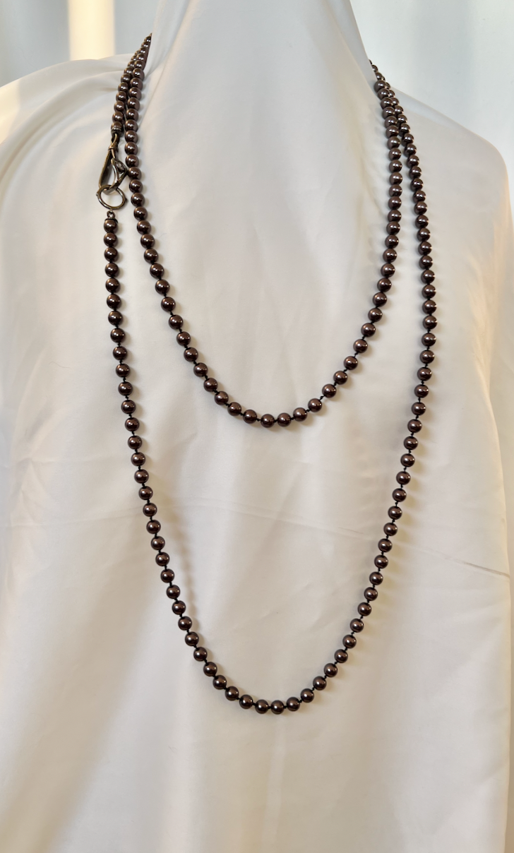 Henri Bendel deep coffee grey hand knotted, glass pearl necklace RENTAL