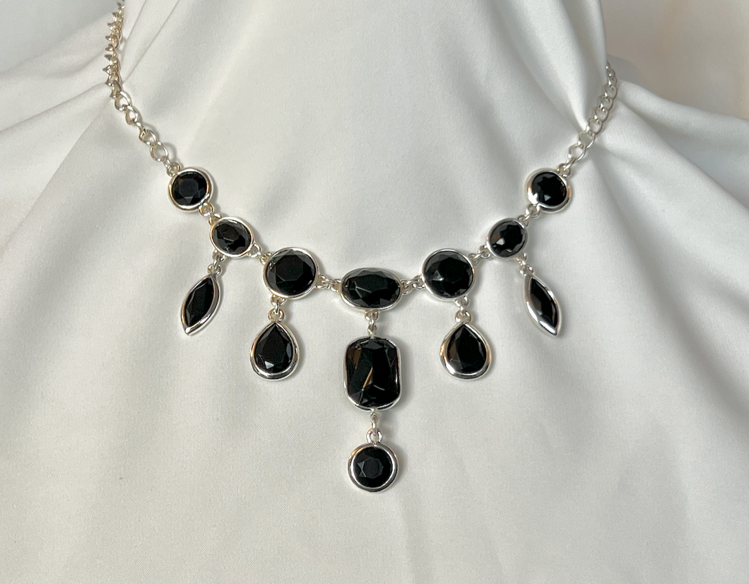 Silver and black facetted black drops bib necklace RENTAL